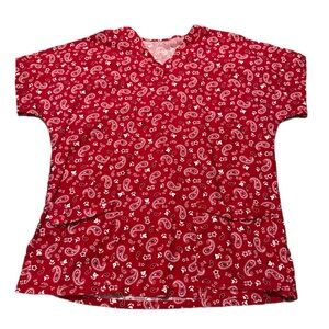 Red Paisley V-Neck Scrub Top Size Large